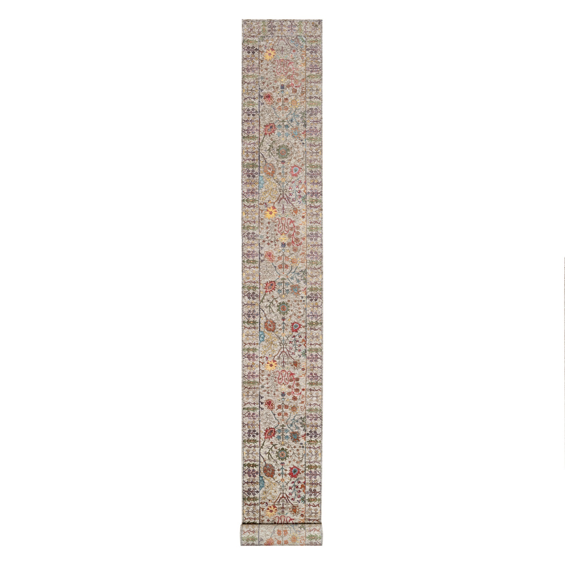 2'6"x23'10" Pearl Bush Beige, Hand Knotted Silk With Textured Wool, Directional Vase Design, Lush and Plush, Soft Pile, XL Runner Oriental Rug 